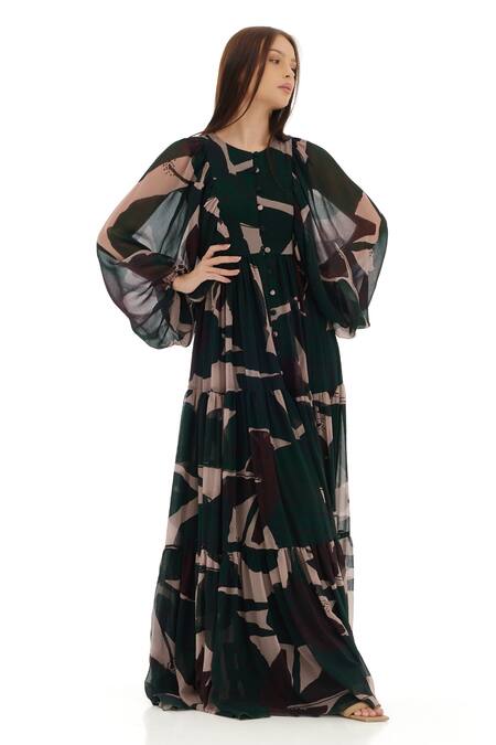 Koai Green Chiffon Round Neck Floral Pattern Tiered Shirt Dress Online at Aza Fashions Koai_Green Chiffon Round Neck Floral Pattern Tiered Shirt Dress _Online_at_Aza_Fashions