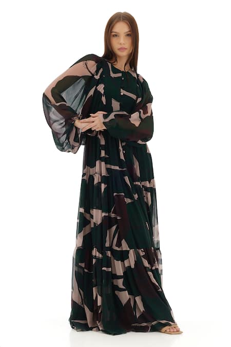 Buy Koai Green Chiffon Round Neck Floral Pattern Tiered Shirt Dress Online at Aza Fashions Buy_Koai_Green Chiffon Round Neck Floral Pattern Tiered Shirt Dress _Online_at_Aza_Fashions