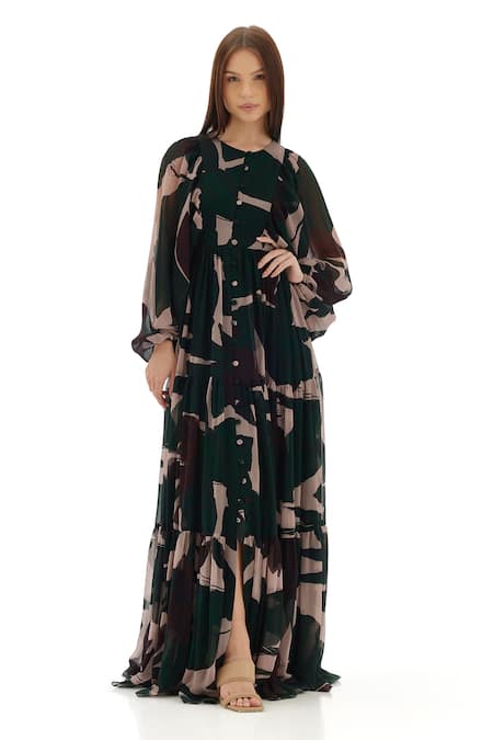Shop Koai Green Chiffon Round Neck Floral Pattern Tiered Shirt Dress Online at Aza Fashions Shop_Koai_Green Chiffon Round Neck Floral Pattern Tiered Shirt Dress _Online_at_Aza_Fashions