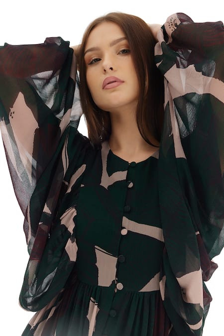 Koai Green Chiffon Round Neck Floral Pattern Tiered Shirt Dress at Aza Fashions Koai_Green Chiffon Round Neck Floral Pattern Tiered Shirt Dress _at_Aza_Fashions