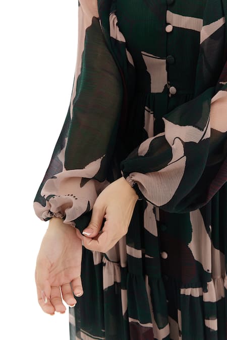 Buy Koai Green Chiffon Round Neck Floral Pattern Tiered Shirt Dress Buy_Koai_Green Chiffon Round Neck Floral Pattern Tiered Shirt Dress