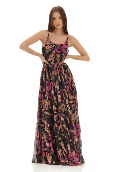 Koai Floral Pattern Tiered Strappy Dress 