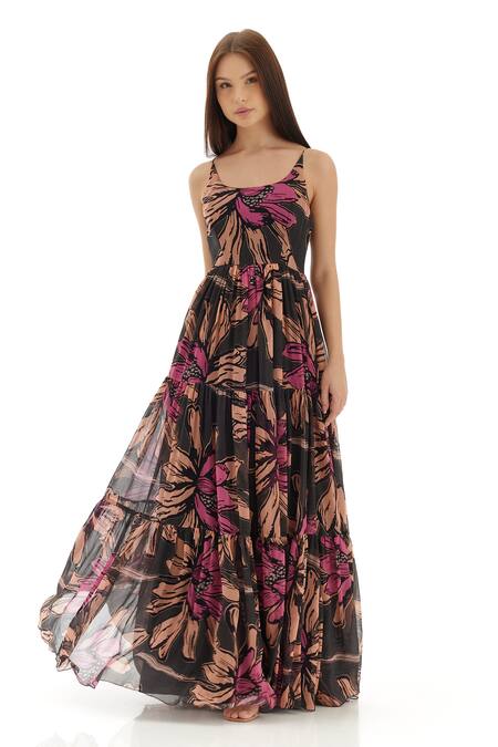Buy Koai Green Chiffon Round Neck Floral Pattern Tiered Strappy Dress Online at Aza Fashions Buy_Koai_Green Chiffon Round Neck Floral Pattern Tiered Strappy Dress _Online_at_Aza_Fashions