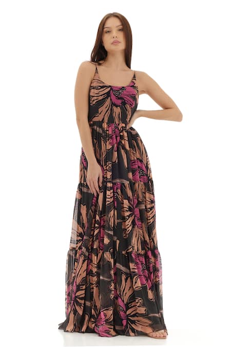 Shop Koai Green Chiffon Round Neck Floral Pattern Tiered Strappy Dress Online at Aza Fashions Shop_Koai_Green Chiffon Round Neck Floral Pattern Tiered Strappy Dress _Online_at_Aza_Fashions