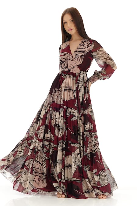Koai_Brown Chiffon V-neck Floral Printed Maxi Dress _Online_at_Aza_Fashions
