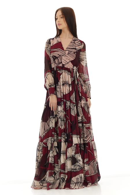 Buy_Koai_Brown Chiffon V-neck Floral Printed Maxi Dress _Online_at_Aza_Fashions