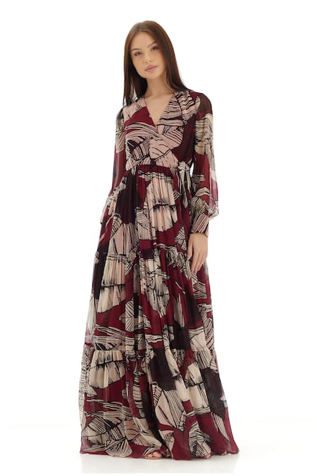 Shop_Koai_Brown Chiffon V-neck Floral Printed Maxi Dress _Online_at_Aza_Fashions