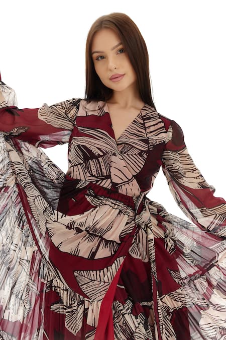 Koai_Brown Chiffon V-neck Floral Printed Maxi Dress _at_Aza_Fashions