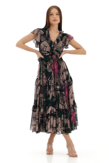 Koai_Green Chiffon Embroidery V-neck Floral Pattern Ruffle Dress _Online_at_Aza_Fashions