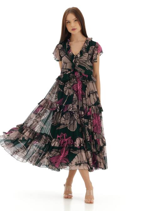 Buy_Koai_Green Chiffon Embroidery V-neck Floral Pattern Ruffle Dress _Online_at_Aza_Fashions