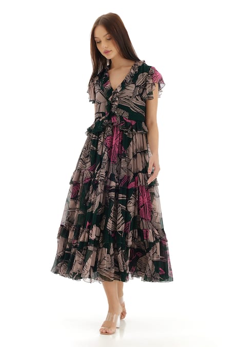 Shop_Koai_Green Chiffon Embroidery V-neck Floral Pattern Ruffle Dress _Online_at_Aza_Fashions