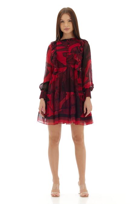 Koai Pink Chiffon Ruffles Collared Floral Pattern Bishop Sleeve Dress Online at Aza Fashions Koai_Pink Chiffon Ruffles Collared Floral Pattern Bishop Sleeve Dress _Online_at_Aza_Fashions
