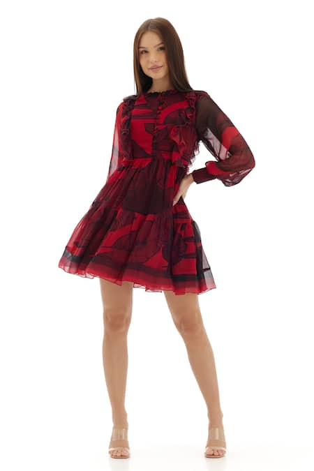 Buy Koai Pink Chiffon Ruffles Collared Floral Pattern Bishop Sleeve Dress Online at Aza Fashions Buy_Koai_Pink Chiffon Ruffles Collared Floral Pattern Bishop Sleeve Dress _Online_at_Aza_Fashions