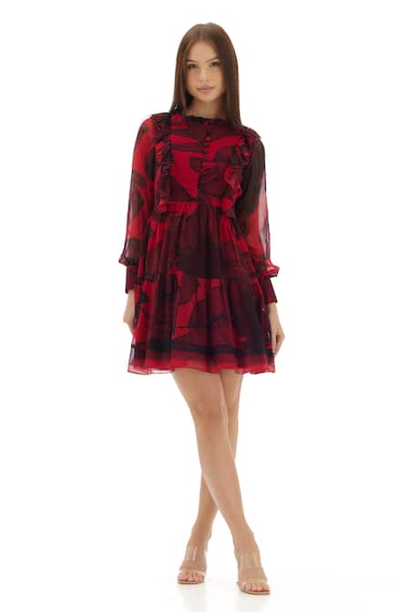 Koai Pink Chiffon Ruffles Collared Floral Pattern Bishop Sleeve Dress at Aza Fashions Koai_Pink Chiffon Ruffles Collared Floral Pattern Bishop Sleeve Dress _at_Aza_Fashions