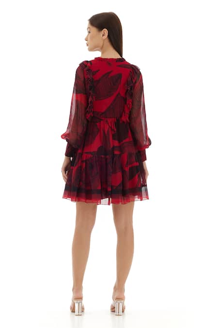 Shop Koai Pink Chiffon Ruffles Collared Floral Pattern Bishop Sleeve Dress at Aza Fashions Shop_Koai_Pink Chiffon Ruffles Collared Floral Pattern Bishop Sleeve Dress _at_Aza_Fashions