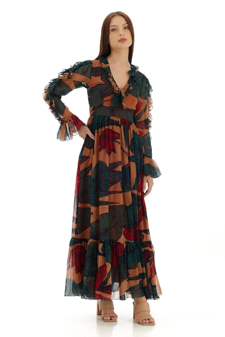 Buy Koai Beige Chiffon Ruffles V-neck Floral Print Dress Online at Aza Fashions Buy_Koai_Beige Chiffon Ruffles V-neck Floral Print Dress _Online_at_Aza_Fashions