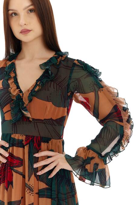 Buy Koai Beige Chiffon Ruffles V-neck Floral Print Dress Buy_Koai_Beige Chiffon Ruffles V-neck Floral Print Dress