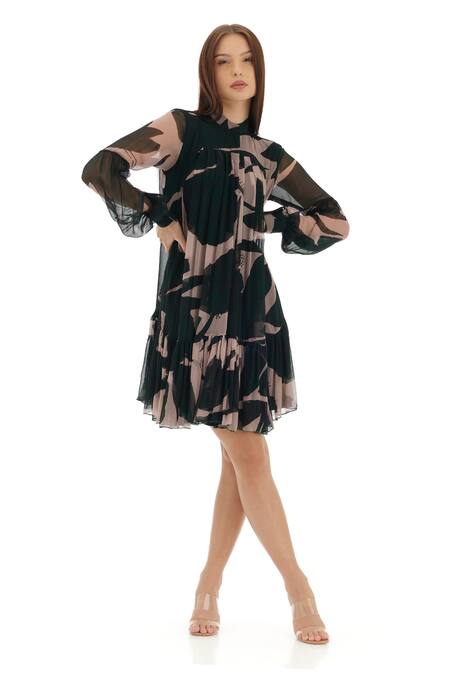 Koai_Green Chiffon Floral Print Shirt Dress _Online_at_Aza_Fashions