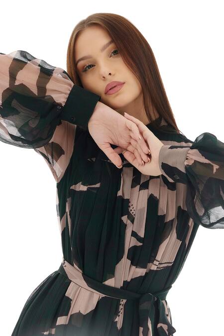 Koai_Green Chiffon Floral Print Shirt Dress _at_Aza_Fashions