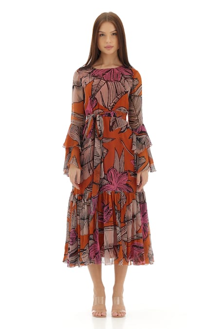 Koai_Orange Chiffon Round Neck Flared Floral Print Dress _Online_at_Aza_Fashions