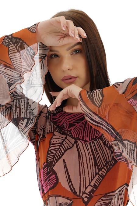 Koai_Orange Chiffon Round Neck Flared Floral Print Dress _at_Aza_Fashions