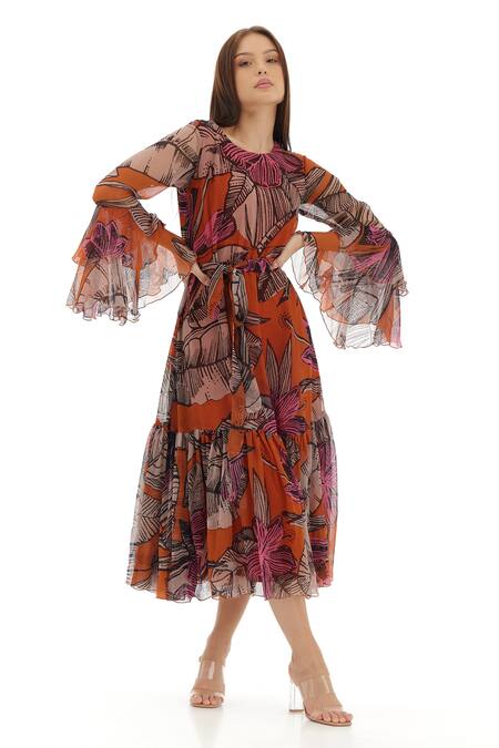 Buy_Koai_Orange Chiffon Round Neck Flared Floral Print Dress 