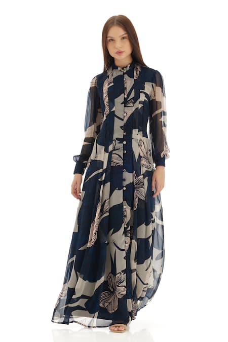 Koai_Blue Chiffon Floral Print Bishop Sleeves Shirt Dress _Online_at_Aza_Fashions