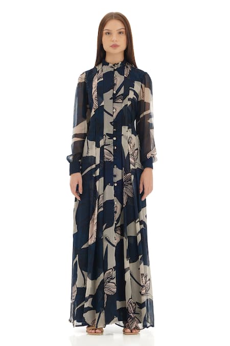 Buy_Koai_Blue Chiffon Floral Print Bishop Sleeves Shirt Dress _Online_at_Aza_Fashions