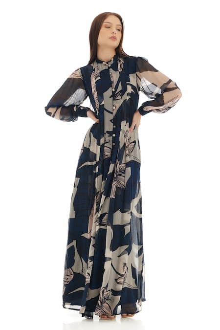 Shop_Koai_Blue Chiffon Floral Print Bishop Sleeves Shirt Dress _Online_at_Aza_Fashions