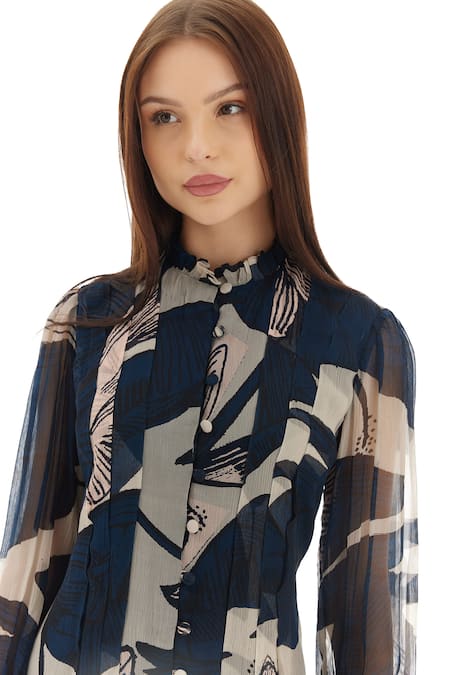 Koai_Blue Chiffon Floral Print Bishop Sleeves Shirt Dress _at_Aza_Fashions