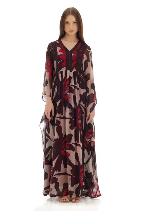 Koai_Beige Chiffon Embroidery V-neck Floral Pattern Kaftan Dress _Online_at_Aza_Fashions