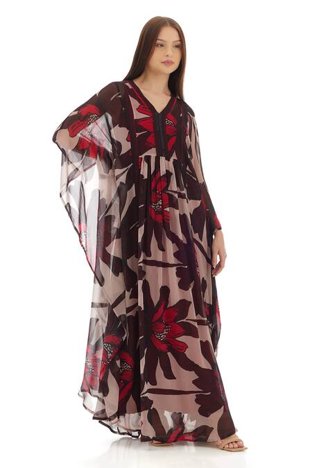 Buy_Koai_Beige Chiffon Embroidery V-neck Floral Pattern Kaftan Dress _Online_at_Aza_Fashions