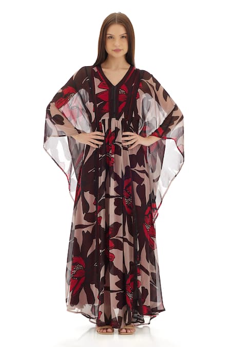 Shop_Koai_Beige Chiffon Embroidery V-neck Floral Pattern Kaftan Dress _Online_at_Aza_Fashions
