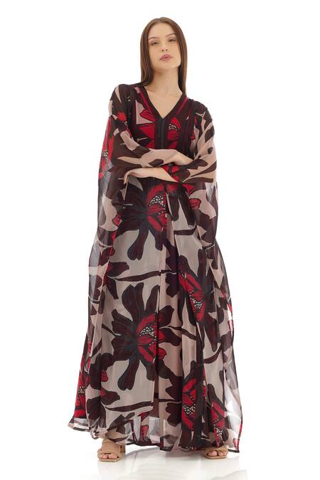Koai_Beige Chiffon Embroidery V-neck Floral Pattern Kaftan Dress _at_Aza_Fashions