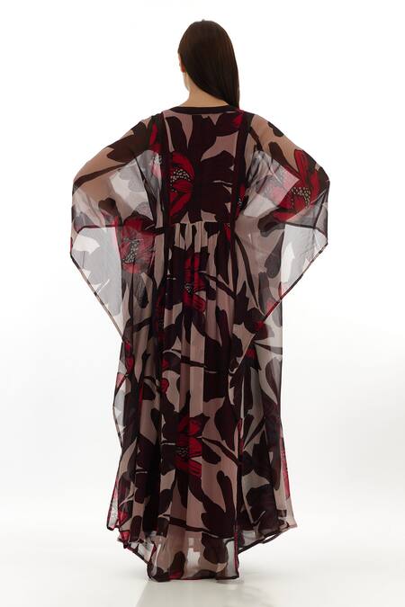 Shop_Koai_Beige Chiffon Embroidery V-neck Floral Pattern Kaftan Dress _at_Aza_Fashions