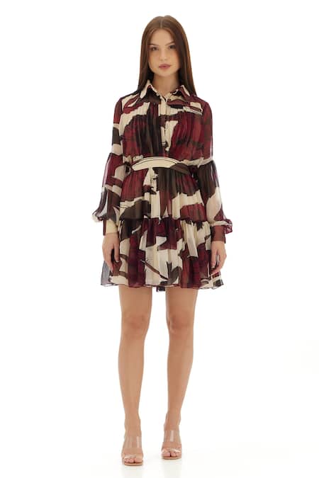 Koai_Off White Chiffon Embroidery Collared Floral Pattern Bishop Sleeve Shirt _Online_at_Aza_Fashions