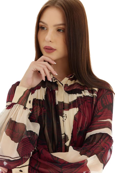 Koai_Off White Chiffon Embroidery Collared Floral Pattern Bishop Sleeve Shirt _at_Aza_Fashions