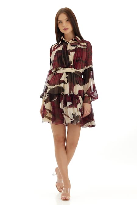 Koai_Brown Chiffon Floral Printed Tiered Skirt _Online_at_Aza_Fashions