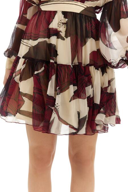 Koai_Brown Chiffon Floral Printed Tiered Skirt _at_Aza_Fashions