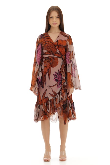 Koai_Orange Chiffon Ruffles V-neck Floral Print Wrap Dress _Online_at_Aza_Fashions