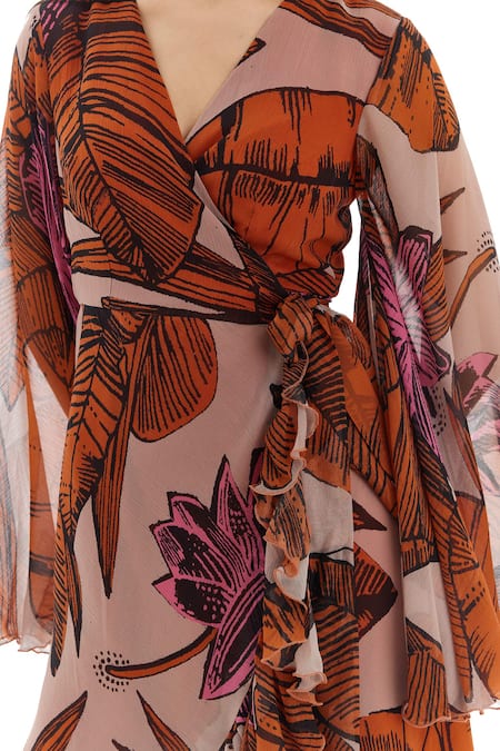 Buy_Koai_Orange Chiffon Ruffles V-neck Floral Print Wrap Dress _Online_at_Aza_Fashions