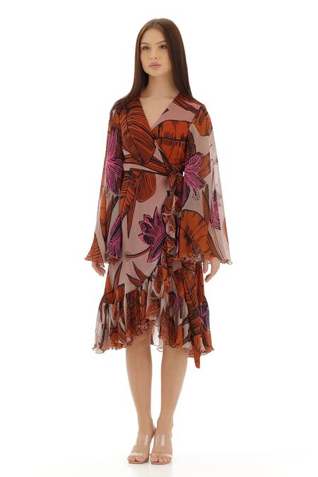 Shop_Koai_Orange Chiffon Ruffles V-neck Floral Print Wrap Dress _Online_at_Aza_Fashions