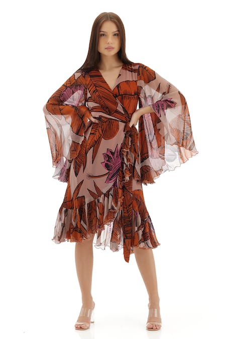 Koai_Orange Chiffon Ruffles V-neck Floral Print Wrap Dress _at_Aza_Fashions