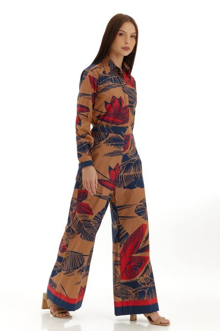 Koai_Beige Cotton, Poplin Tropical Floral Print Pant _Online_at_Aza_Fashions