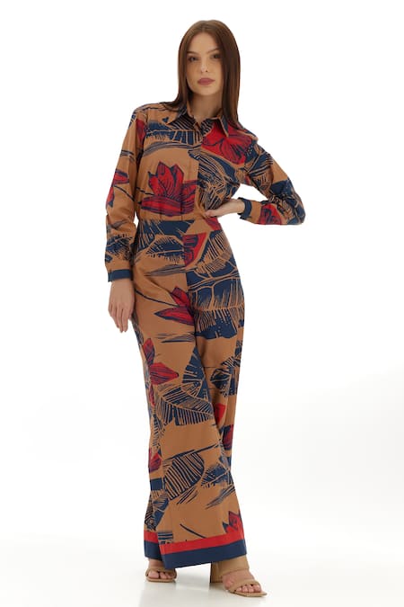 Buy_Koai_Beige Cotton, Poplin Tropical Floral Print Pant _Online_at_Aza_Fashions