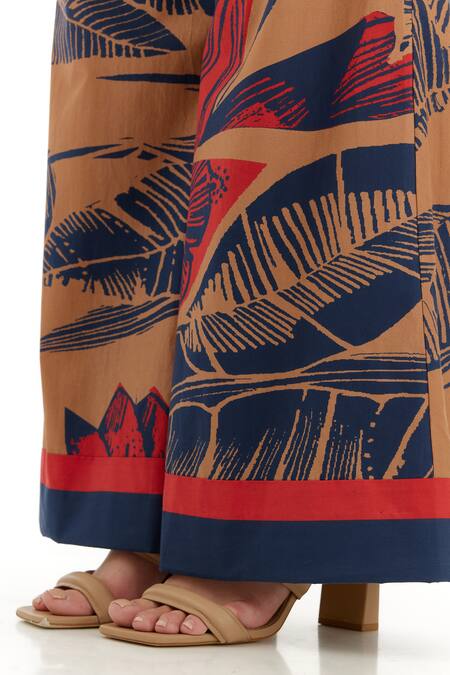 Shop_Koai_Beige Cotton, Poplin Tropical Floral Print Pant _Online_at_Aza_Fashions