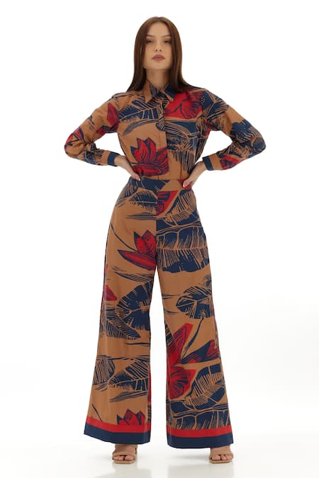 Koai_Beige Cotton, Poplin Tropical Floral Print Pant _at_Aza_Fashions