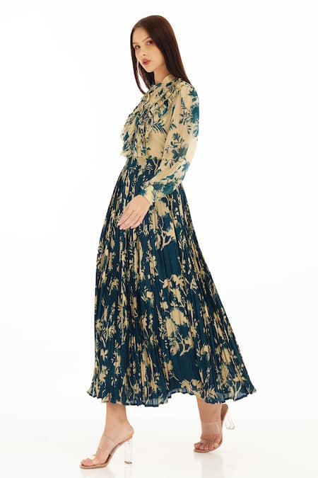 Buy_Koai_Blue Muslin, Cotton, Silk Garden Pattern Skirt _Online_at_Aza_Fashions