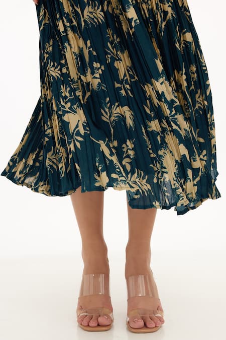 Koai_Blue Muslin, Cotton, Silk Garden Pattern Skirt _at_Aza_Fashions