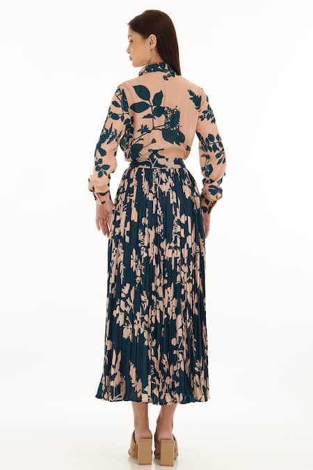Shop_KoAi_Blue Muslin, Cotton, Silk Foliage Pattern Skirt _at_Aza_Fashions